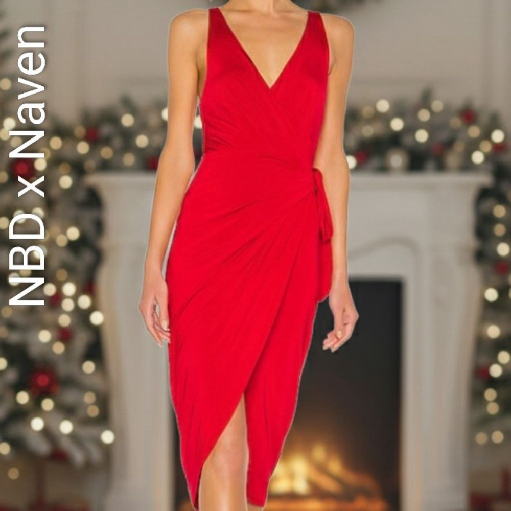 Women's NBD x Naven Red Wrap Midi Dress S Christmas holiday party classic chic